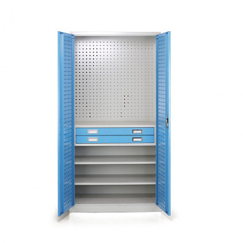 Dílenská skříň  2x zásuvka, 2x police, šedá/modrá, 1850x 920x500 mm