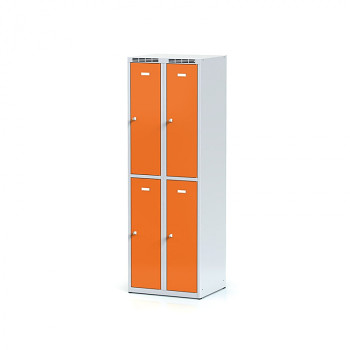 Šatní skříň boxová, bez podnože, svařovaná,  4x oranžová dv./korp. šedá, zámek otočný, I