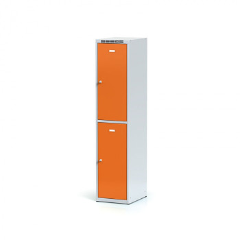 Šatní skříň boxová, bez podnože, svařovaná,  2x oranžová dv./korp. šedá, zámek otočný, I
