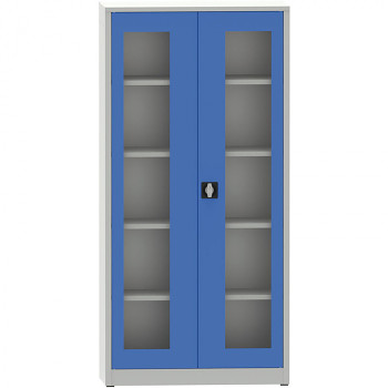 Kovová skříň s prosklenými dveřmi 1950x 950x600 mm, šedá/modrá, 4 police/65 kg, svař.