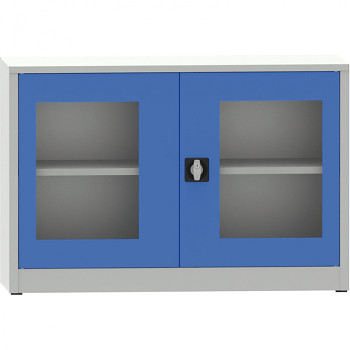 Kovová skříň s prosklenými dveřmi  800x1200x400 mm, šedá/modrá, 1 police/65 kg, svař.